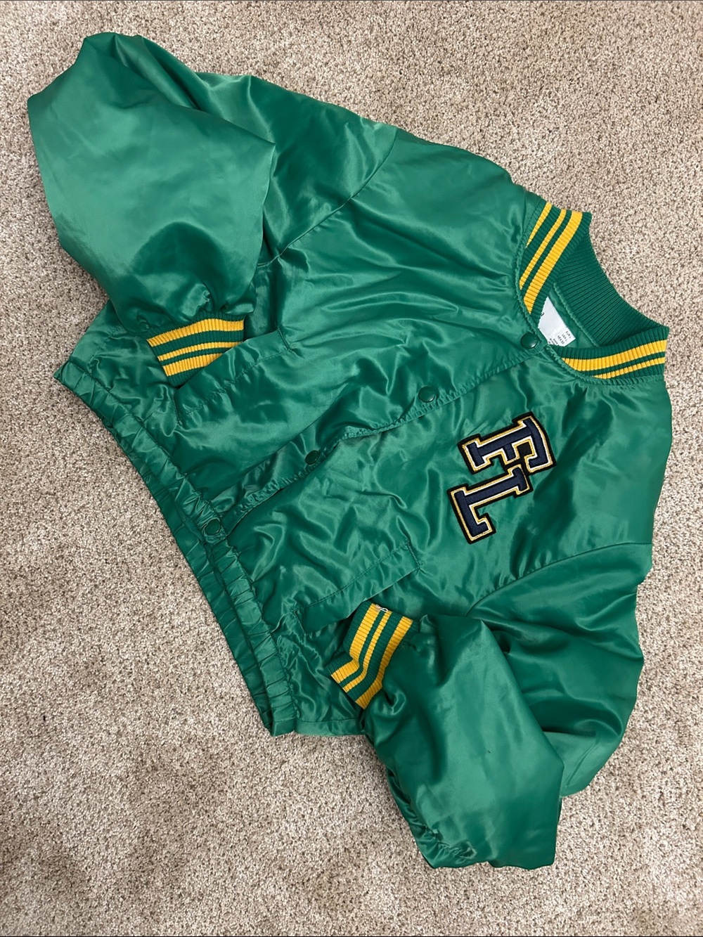 Bershka Green Satin FL Cropped Varsity Jacket with Yellow Trim